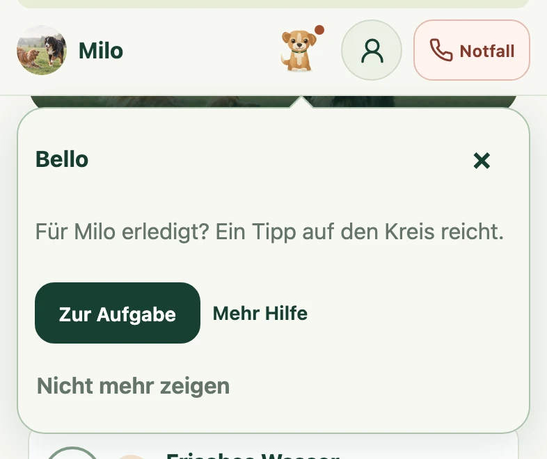 Bello im Kopf der App mit dem Tipp: Für Milo erledigt? Ein Tipp auf den Kreis reicht.